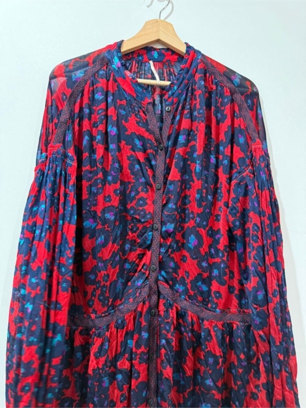 Free People Red Floral Boho Mini Dress Long Sleeve Button Front Size M - Picture 13 of 13